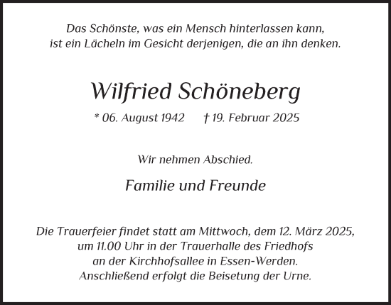 Traueranzeige von Wilfried Schöneberg von Tageszeitung