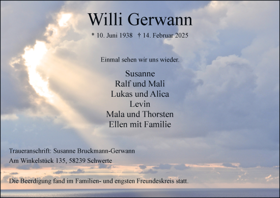 Traueranzeige von Willi Gerwann von Tageszeitung