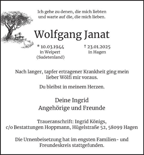 Traueranzeige von Wolfgang Janat von Tageszeitung