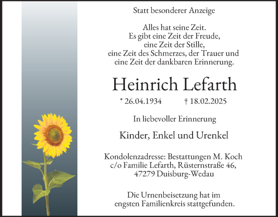 Traueranzeige von Heinrich Lefarth von Tageszeitung