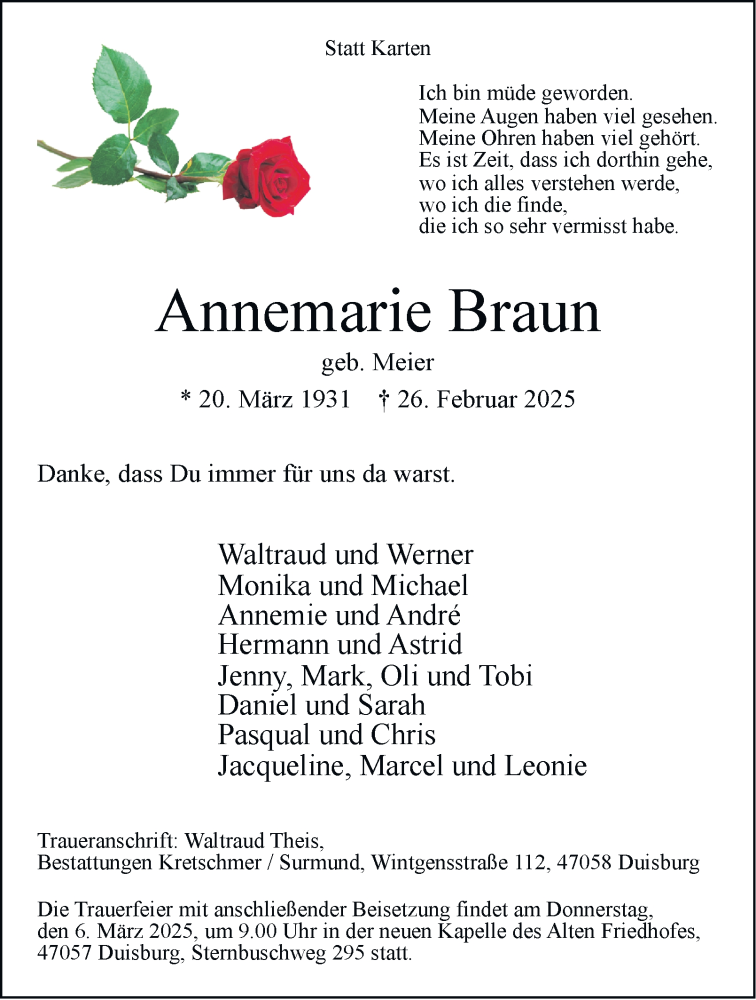  Traueranzeige für Annemarie Braun vom 01.03.2025 aus FUNKE Medien NRW GmbH