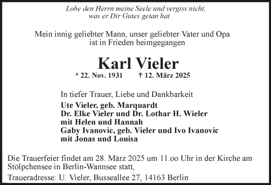 Traueranzeige von Karl Vieler von FUNKE Medien NRW GmbH