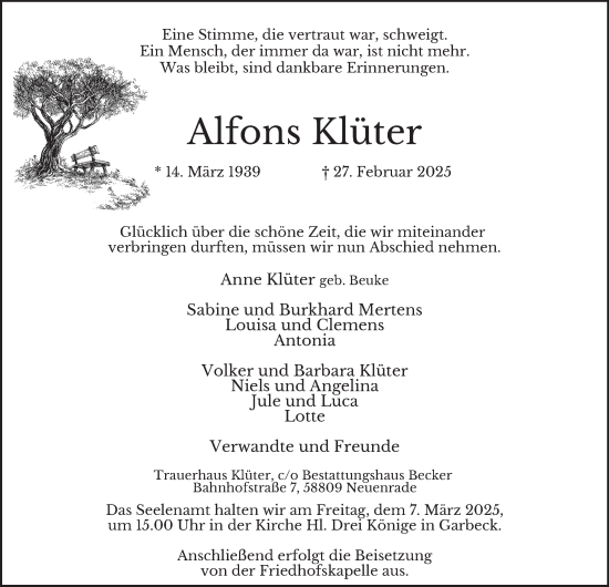 Traueranzeige von Alfons Klüter von Tageszeitung