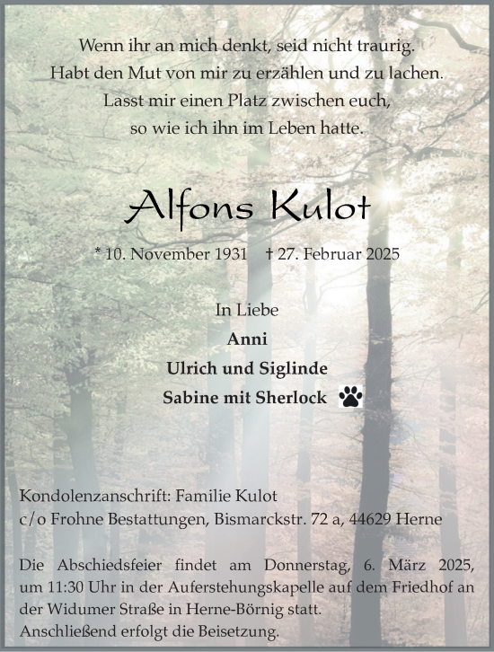 Traueranzeige von Alfons Kulot von Tageszeitung