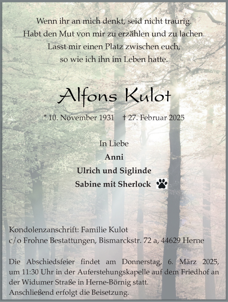  Traueranzeige für Alfons Kulot vom 01.03.2025 aus Tageszeitung