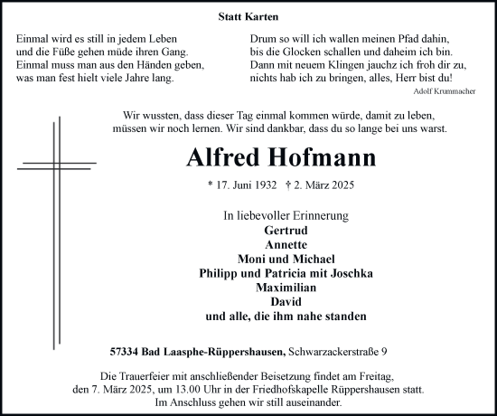 Traueranzeige von Alfred Hofmann von Tageszeitung