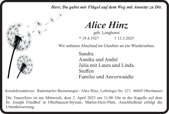 Traueranzeige von Alice Hinz von Tageszeitung