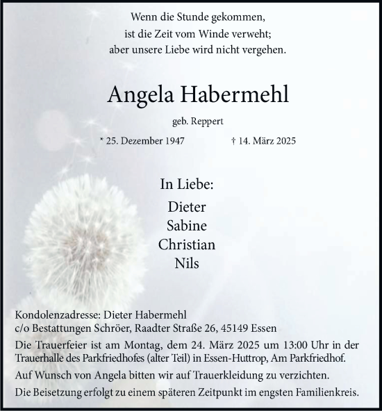Traueranzeige von Angela Habermehl von Tageszeitung