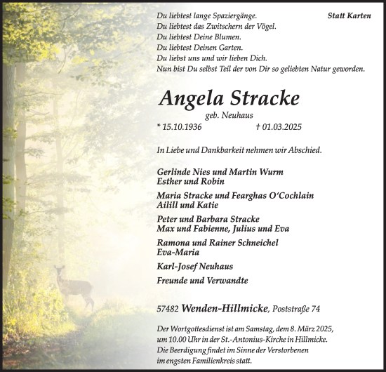 Traueranzeige von Angela Stracke von Tageszeitung