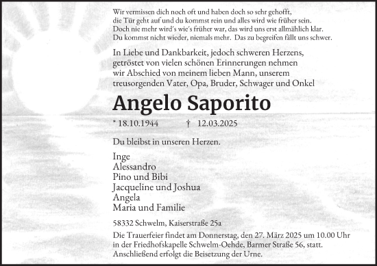 Traueranzeige von Angelo Saporito von Tageszeitung