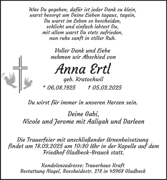 Traueranzeige von Anna Ertl von Tageszeitung