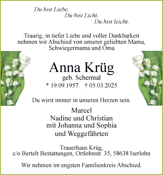 Traueranzeige von Anna Krüg von Tageszeitung