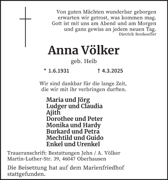 Traueranzeige von Anna Völker von Tageszeitung