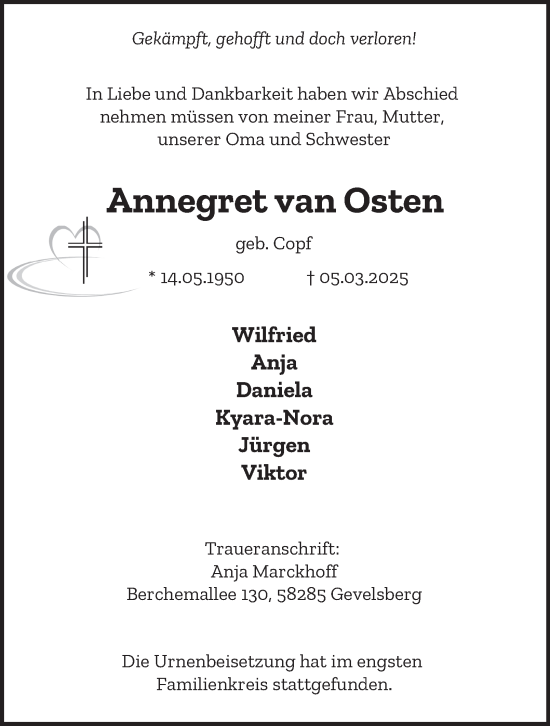 Traueranzeige von Annegret van Osten von Tageszeitung