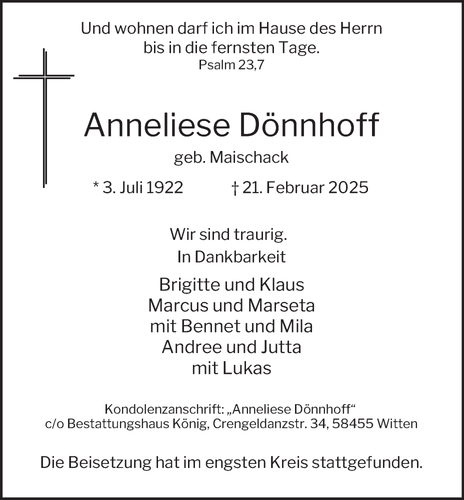  Traueranzeige für Anneliese Dönnhoff vom 15.03.2025 aus Tageszeitung