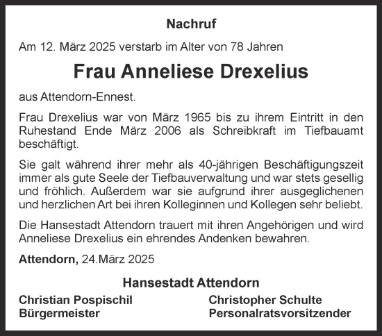 Traueranzeige von Anneliese Drexelius von Tageszeitung