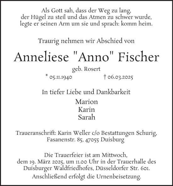 Traueranzeige von Anneliese Fischer von Tageszeitung
