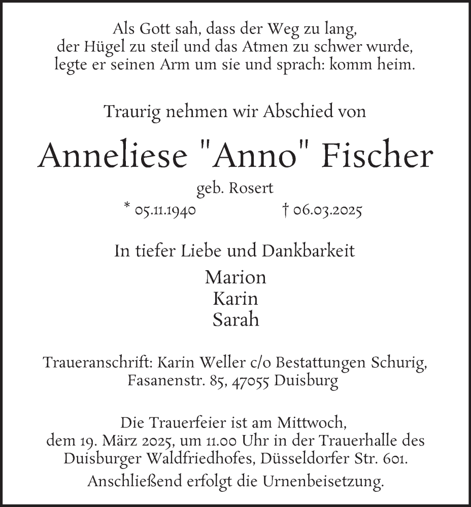  Traueranzeige für Anneliese Fischer vom 15.03.2025 aus Tageszeitung
