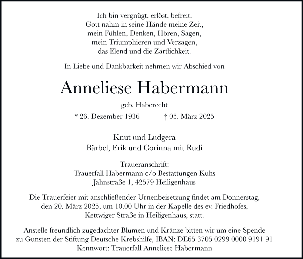  Traueranzeige für Anneliese Habermann vom 15.03.2025 aus Tageszeitung
