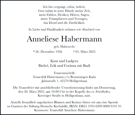 Traueranzeige von Anneliese Habermann von Tageszeitung