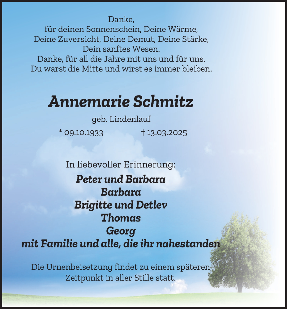  Traueranzeige für Annemarie Schmitz vom 22.03.2025 aus Tageszeitung