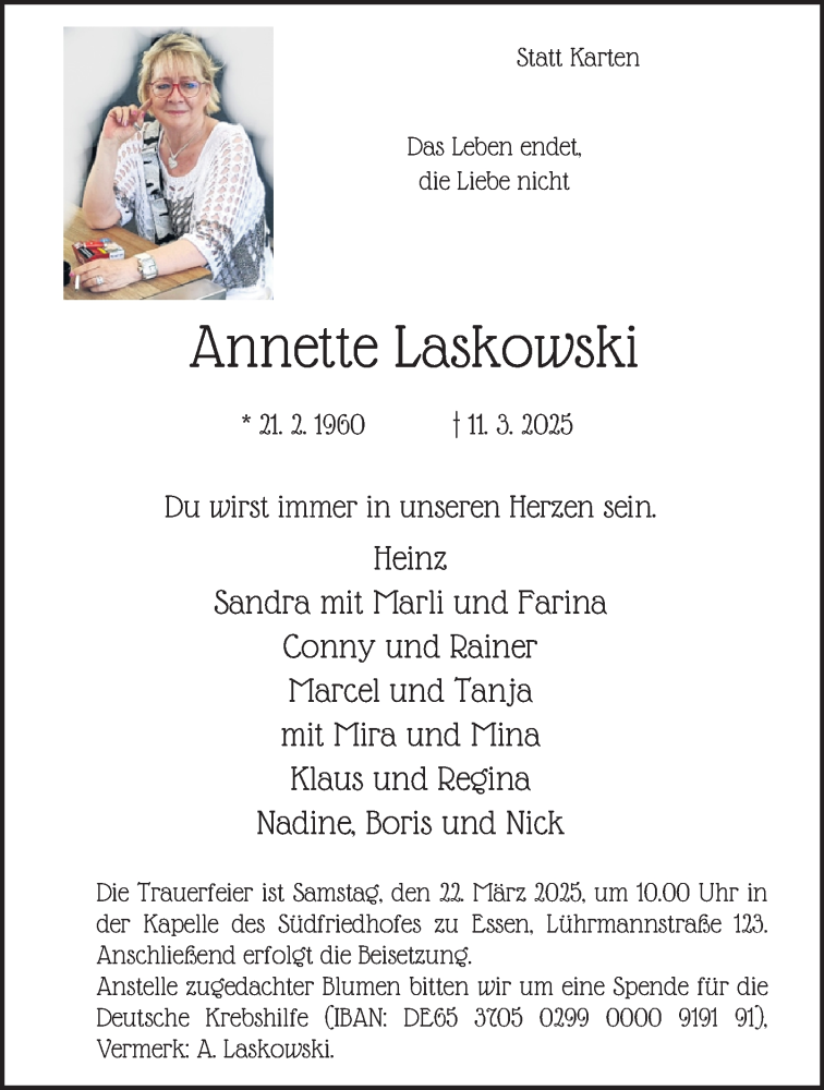  Traueranzeige für Annette Laskowski vom 19.03.2025 aus Tageszeitung