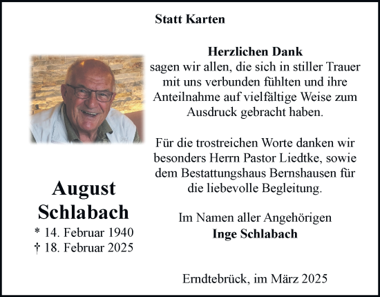 Traueranzeige von August Schlabach von Tageszeitung