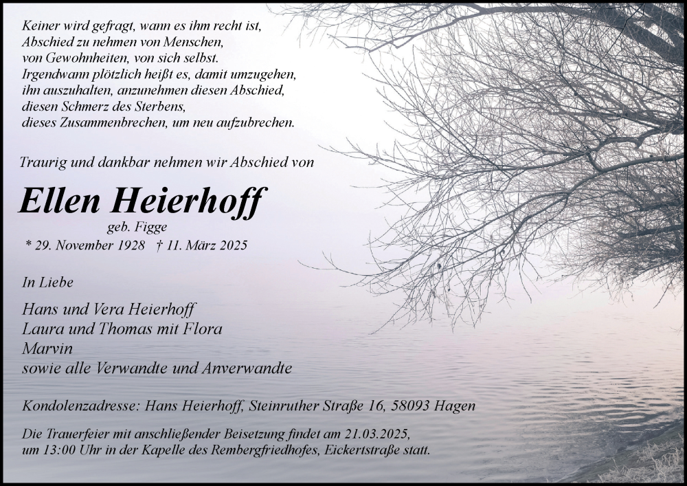  Traueranzeige für Ellen Heierhoff vom 15.03.2025 aus Tageszeitung