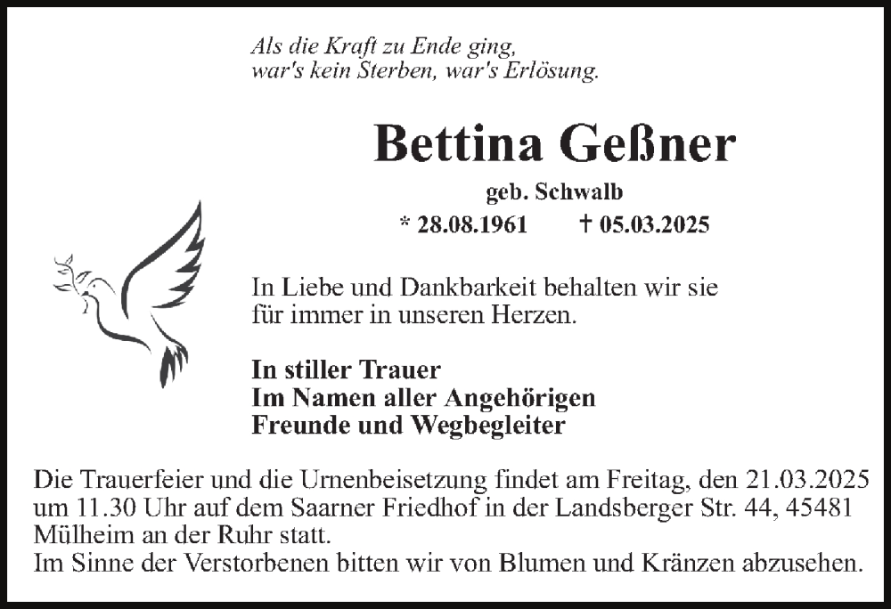  Traueranzeige für Bettina Geßner vom 15.03.2025 aus Tageszeitung