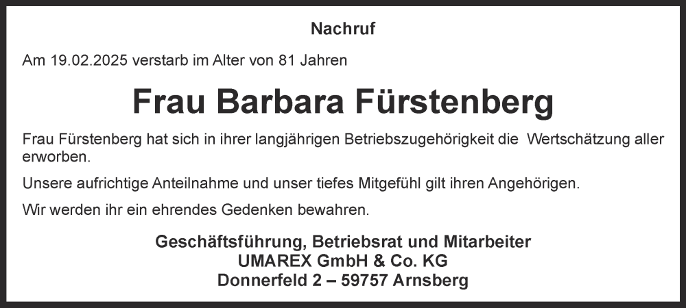  Traueranzeige für Barbara Fürstenberg vom 01.03.2025 aus Tageszeitung