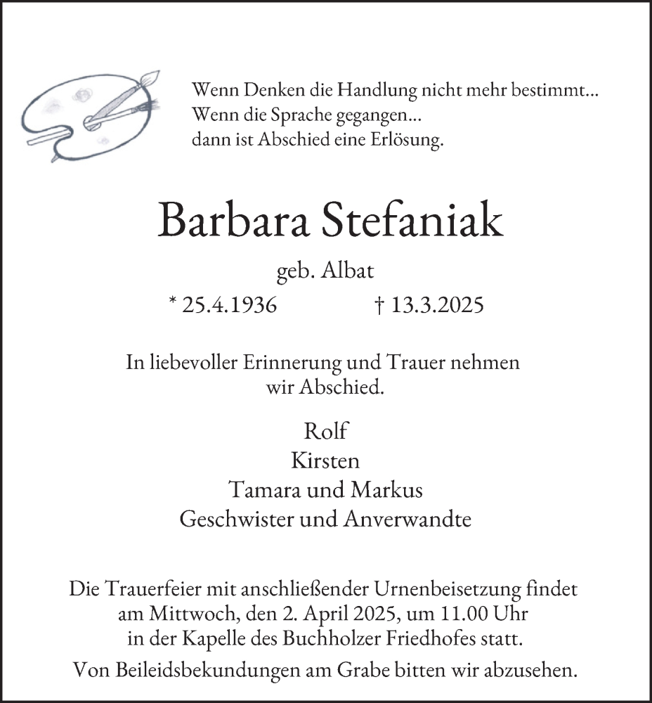  Traueranzeige für Barbara Stefaniak vom 29.03.2025 aus Tageszeitung