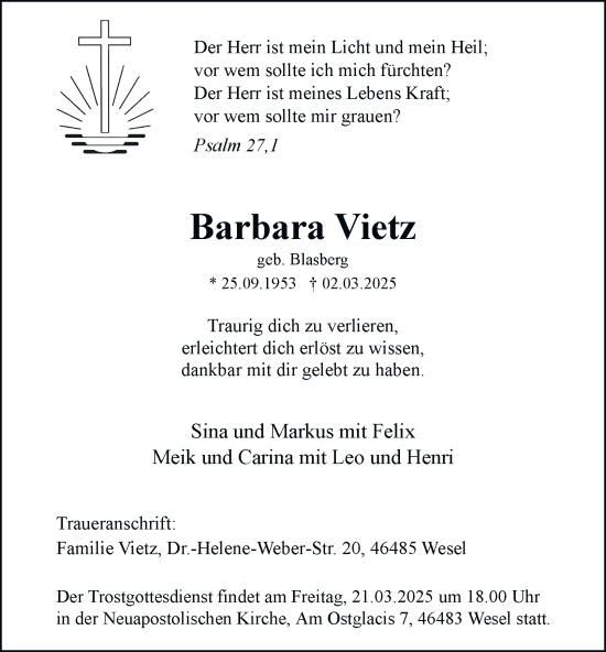 Traueranzeige von Barbara Vietz von Tageszeitung