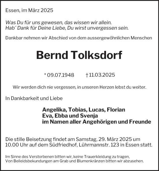Traueranzeige von Bernd Tolksdorf von Tageszeitung
