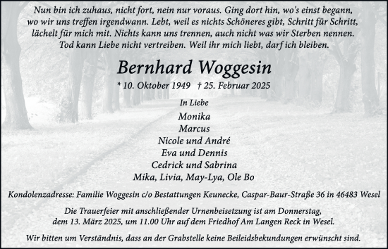 Traueranzeige von Bernhard Woggesin von Tageszeitung