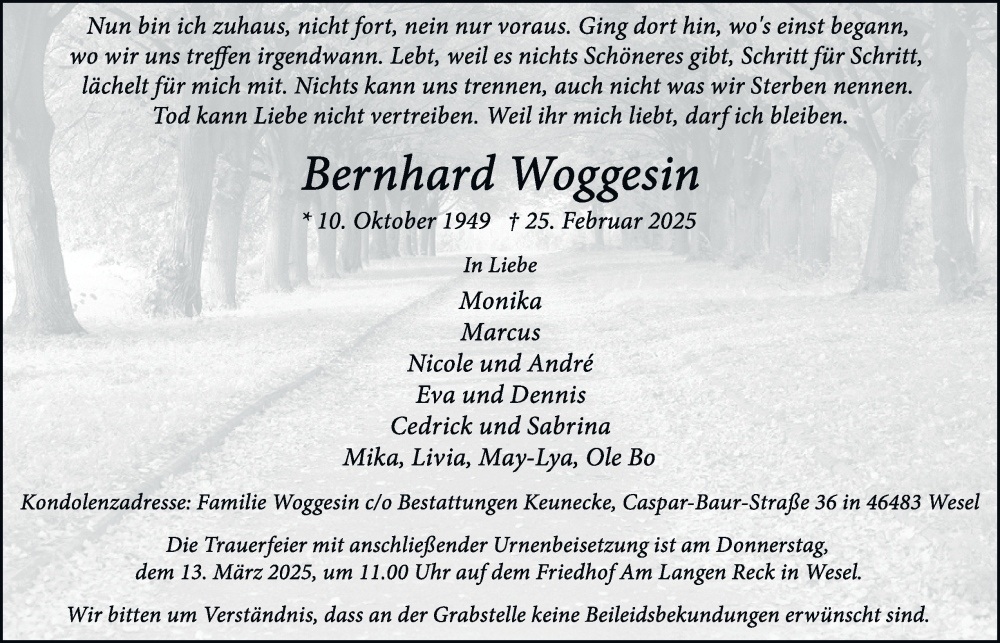  Traueranzeige für Bernhard Woggesin vom 08.03.2025 aus Tageszeitung