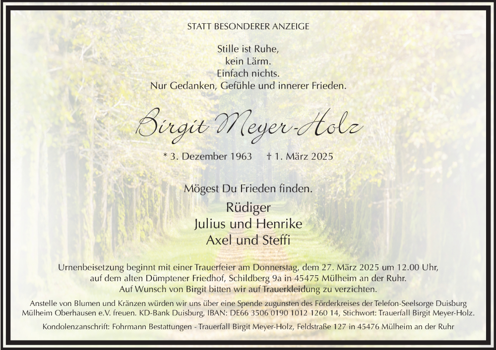  Traueranzeige für Birgit Meyer-Holz vom 15.03.2025 aus Tageszeitung
