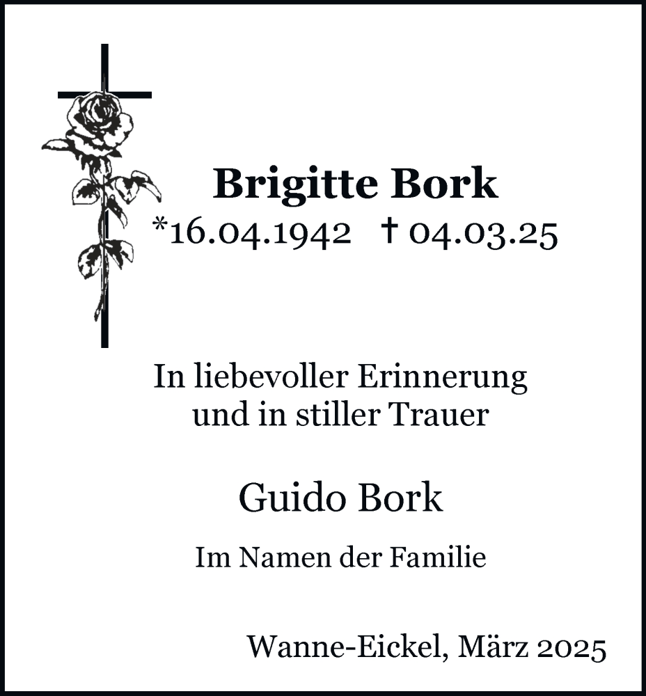  Traueranzeige für Brigitte Bork vom 15.03.2025 aus Tageszeitung