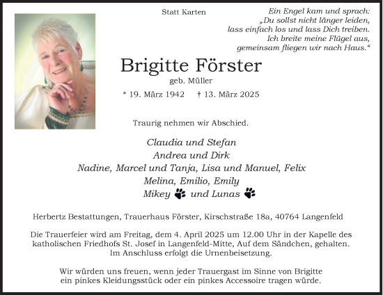 Traueranzeige von Brigitte Förster von Tageszeitung