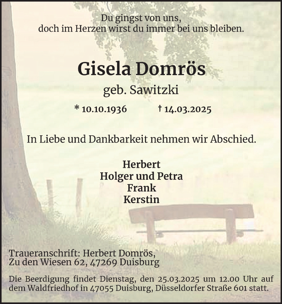  Traueranzeige für Gisela Domrös vom 19.03.2025 aus Tageszeitung