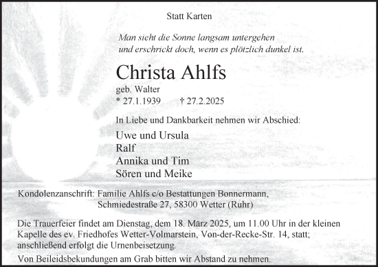 Traueranzeige von Christa Ahlfs von Tageszeitung