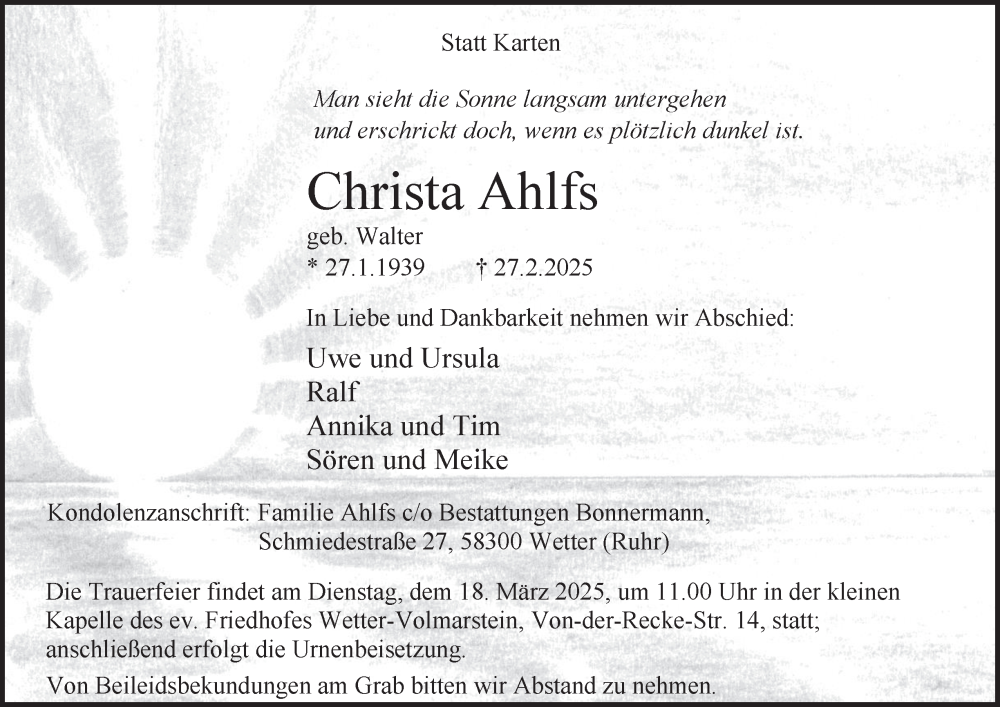 Traueranzeige für Christa Ahlfs vom 08.03.2025 aus Tageszeitung