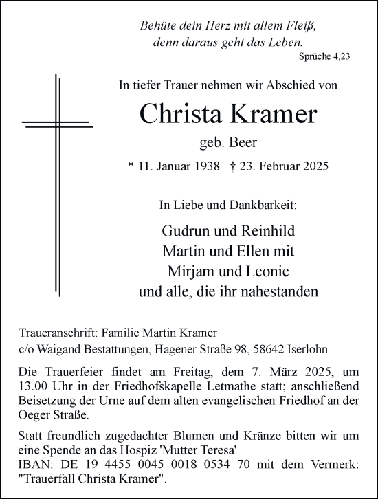 Traueranzeige von Christa Kramer von Tageszeitung