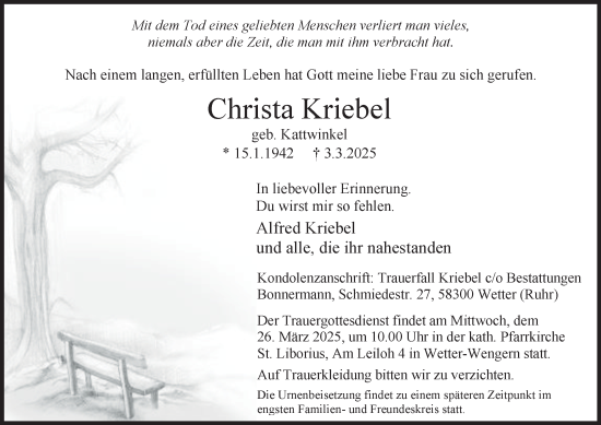 Traueranzeige von Christa Kriebel von Tageszeitung