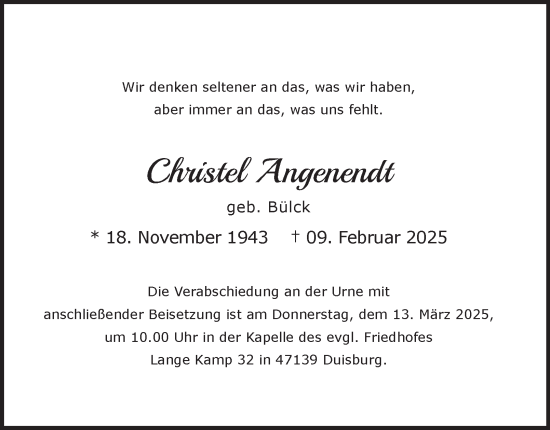 Traueranzeige von Christel Angenendt von Tageszeitung