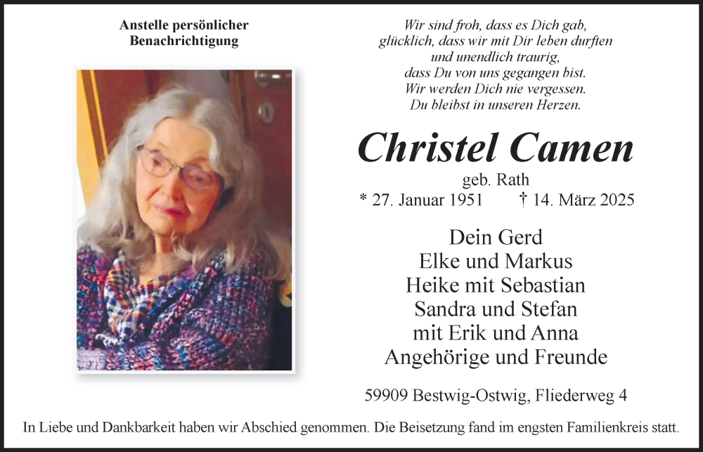  Traueranzeige für Christel Camen vom 29.03.2025 aus Tageszeitung