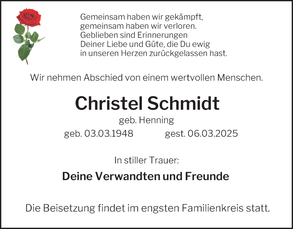  Traueranzeige für Christel Schmidt vom 22.03.2025 aus Tageszeitung