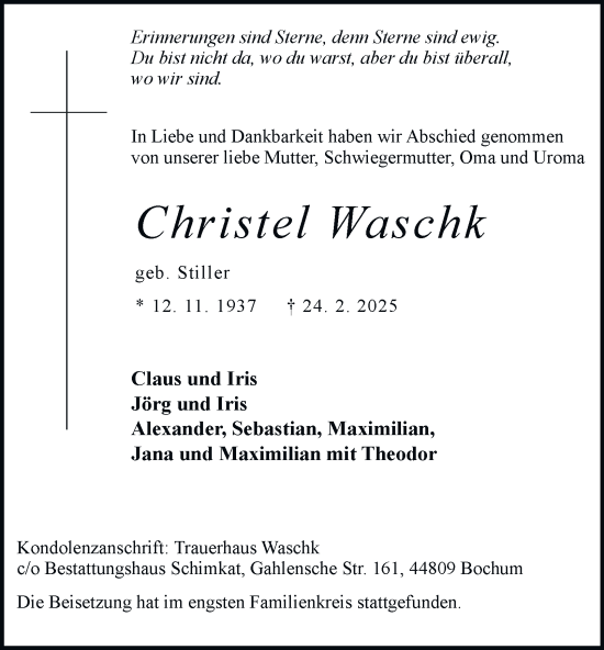 Traueranzeige von Christel Waschk von Tageszeitung