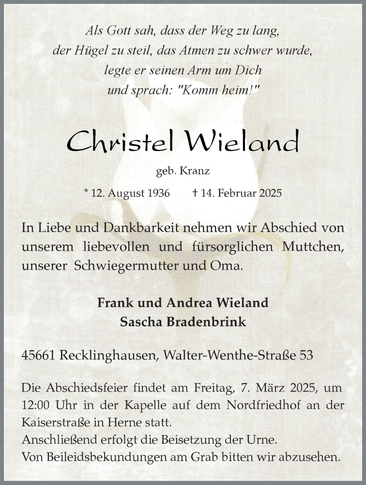  Traueranzeige für Christel Wieland vom 01.03.2025 aus Tageszeitung