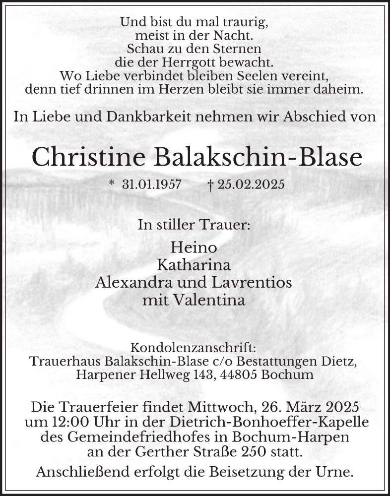  Traueranzeige für Christine Balakschin-Blase vom 15.03.2025 aus Tageszeitung