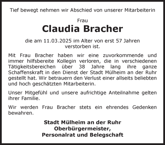 Traueranzeige von Claudia Bracher von Tageszeitung